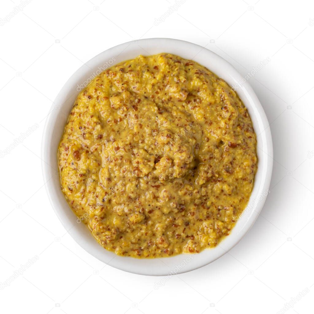 Bowl with mustard isolated on white background
