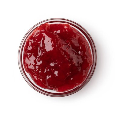Cam kase kırmızı böğürtlen reçeli beyaz arka planda izole