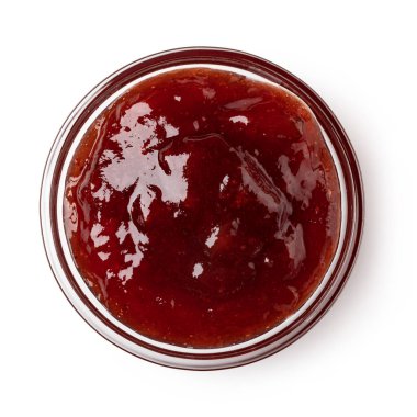 Cam kase kırmızı böğürtlen reçeli beyaz arka planda izole