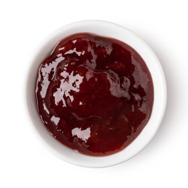 Cam kase kırmızı böğürtlen reçeli beyaz arka planda izole