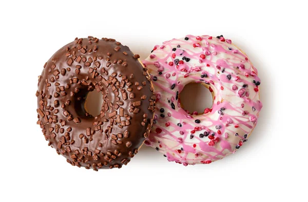 Donuts Com Polvilhas Coloridas Isoladas Sobre Fundo Branco Vista Superior — Fotografia de Stock