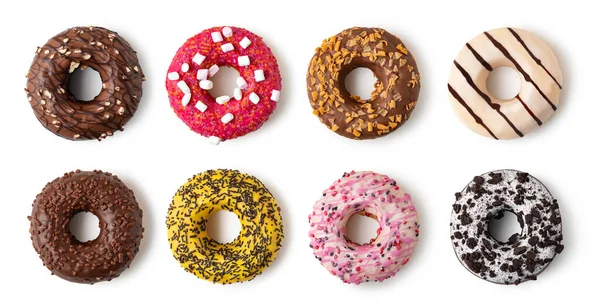Donuts Conjunto Com Polvilhas Coloridas Isoladas Sobre Fundo Branco Vista — Fotografia de Stock