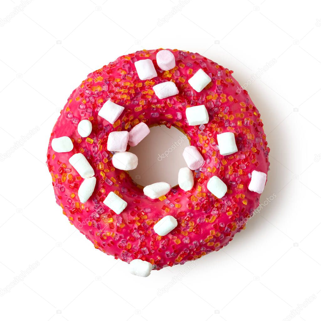 Donuts with colorful sprinkles isolated on white background. Top view.