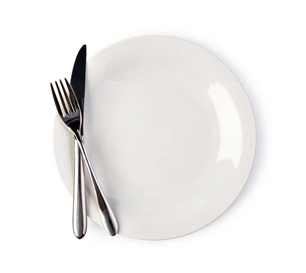 Πιάτο Και Μαχαιροπήρουνα Απομονώνονται Λευκό Φόντο — Φωτογραφία Αρχείου