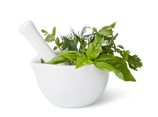 Mortar with herbs isolated — Stock Photo, Image