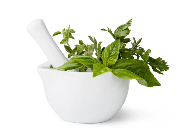 Mortar with herbs isolated — Stock Photo, Image