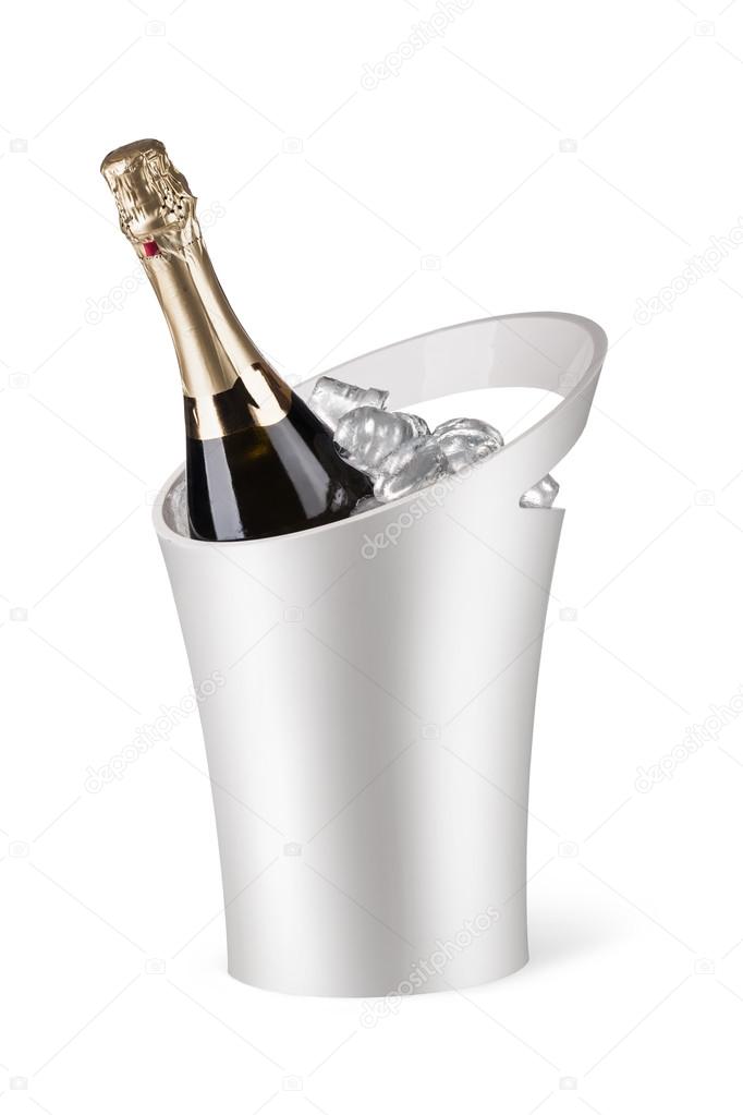 Champagne bottle in a bucket with ice