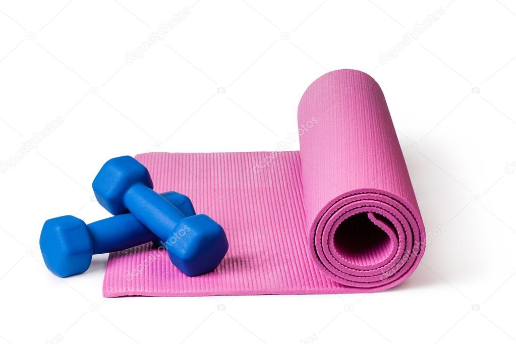 Yoga mat and dumbbells