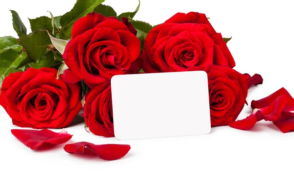 Rosas rojas con una etiqueta de regalo en blanco aislada sobre fondo blanco — Foto de Stock