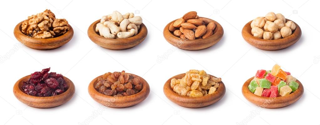 Nuts and dried berries collection isolated on a white background