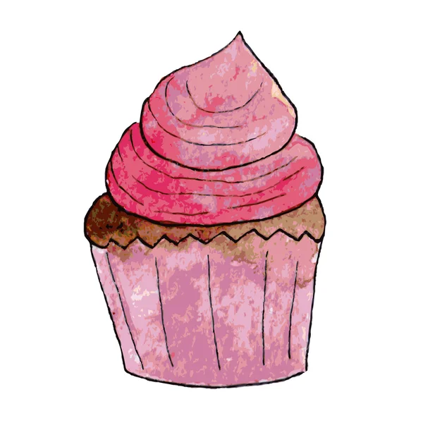 Acuarela cupcake marrón con crema rosa — Vector de stock