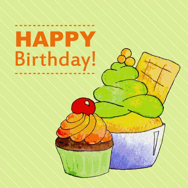 Grattis på födelsedagen-kort med cupcake och glass — Stock vektor