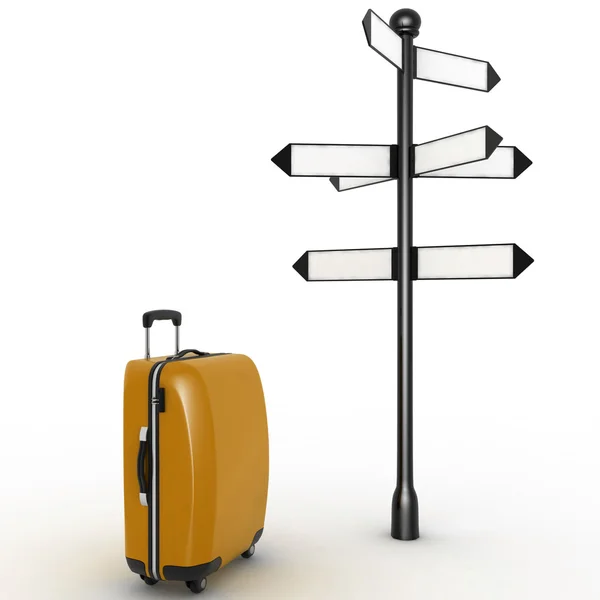 Reisekonzept. Wegweiser und Koffer auf weißem Hintergrund — Stockfoto