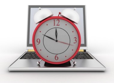 Laptop ve saat. beyaz üzerine 3D çizim