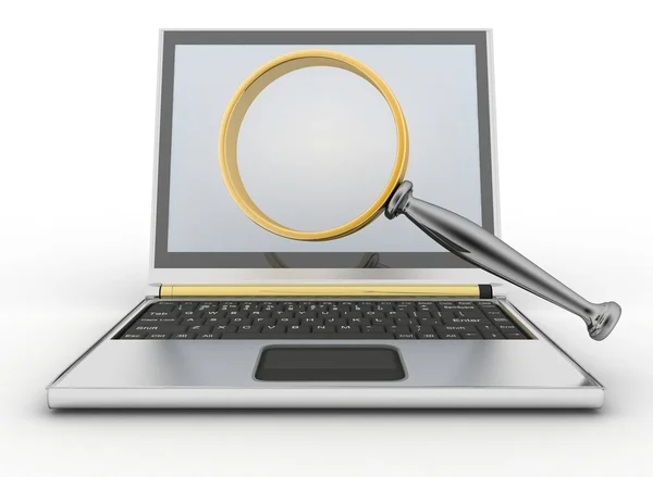 Laptop und Lupe. Konzeption der Suche nach Antworten oder Unterstützung im Internet. — Stockfoto