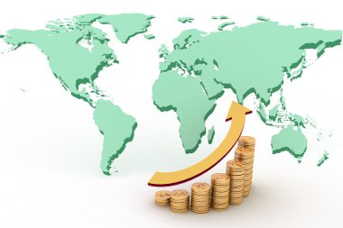 Paralar harita arka plan üzerinde ok ile gelen grafik