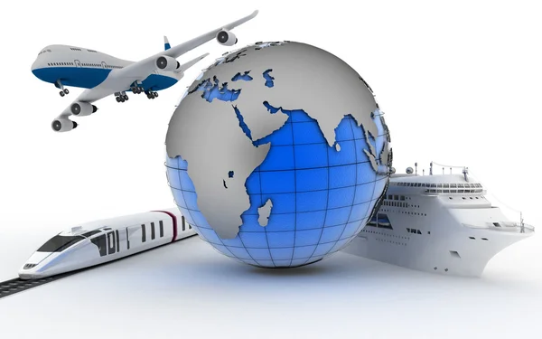 The plane, the train, the cruise ship and globe — Stock Photo, Image