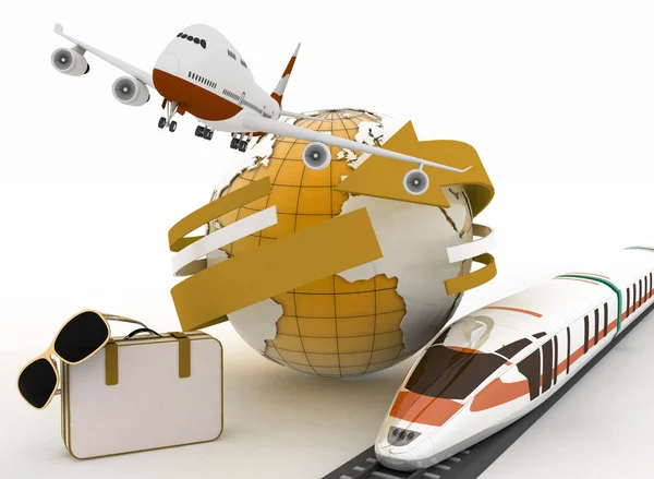 Maleta 3d, avión, tren y globo. Concepto de viajes y vacaciones . —  Fotos de Stock