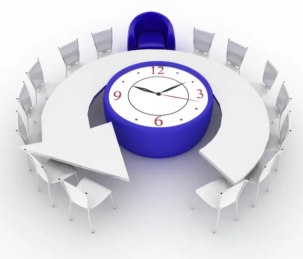 3d arm-chair of chief and group of office chairs at a table as an clock — Stock Photo, Image