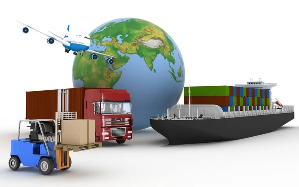Lastfartyg, lastbil, flygplan och lastare med lådor. — Stockfoto