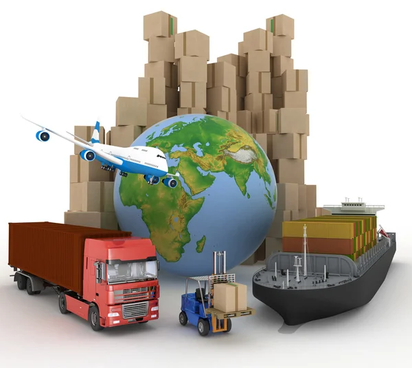 Cardboard boxes around globe, cargo ship, truck and plane — Stock Photo, Image