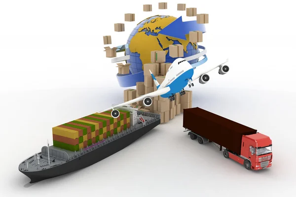 Cardboard boxes around globe, cargo ship, truck and plane — Stock Photo, Image