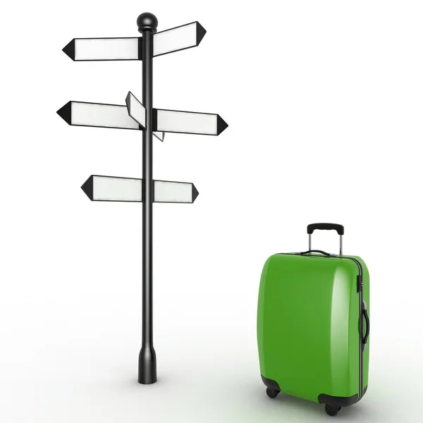 Koncepcja podróży. Drogowskaz i walizka na białym tle — Zdjęcie stockowe