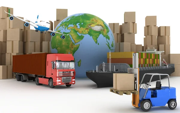Lastfartyg, lastbil, flygplan och lastare med lådor — Stockfoto