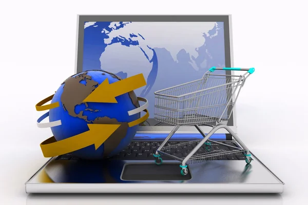 Laptop com seta e carrinho de compras com um globo — Fotografia de Stock