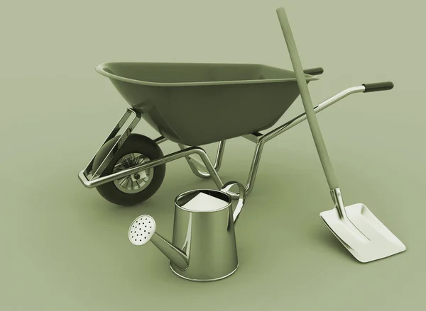Garden tools. Garden wheelbarrow, watering can and a shovel. — Stock Photo, Image
