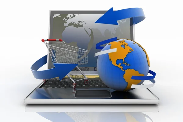 Laptop with arrow and Shopping cart with a globe — Stock Photo, Image