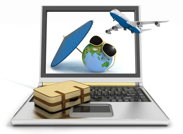 Plane with suitcase, globe and umbrella on laptop screen. Travel and vacation concept — Stock Photo, Image