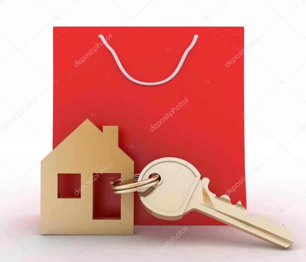 3d model house symbol set with key and paper shopping bag