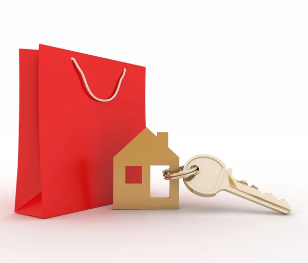 3d model house symbol set with key and paper shopping bag — Stock Photo, Image