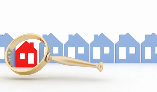 Förstoringsglas väljer eller inspekterar ett hem i en rad av hus — Stockfoto