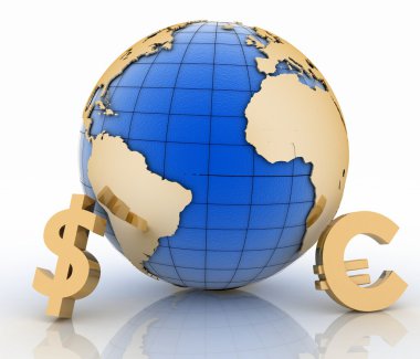 beyaz zemin üzerine altın para birimi simgeleri ile 3D dünya