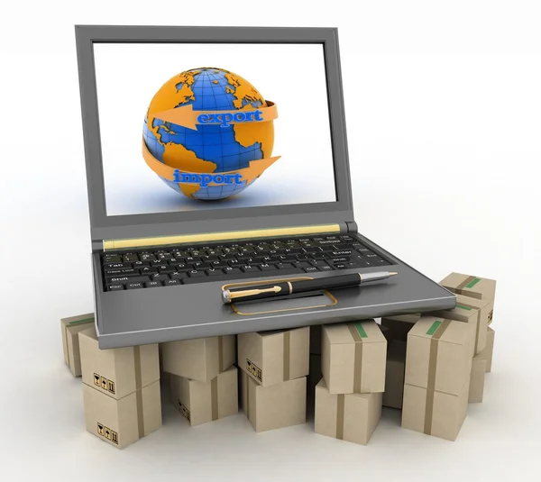 Kalın karton boksör üstünde laptop. Dünya çapında çevrimiçi mal siparişleri kavramı — Stok fotoğraf