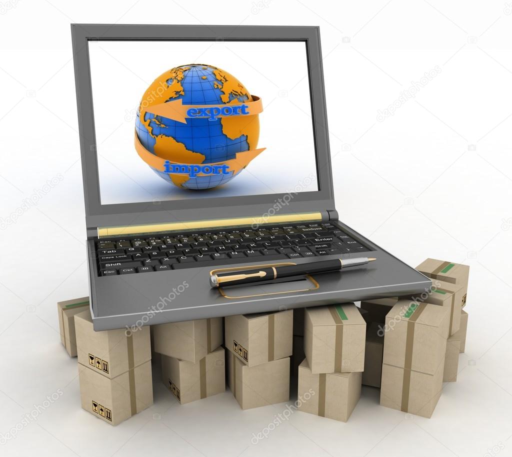 Laptop on cardboard boxes. Concept of online goods orders worldwide