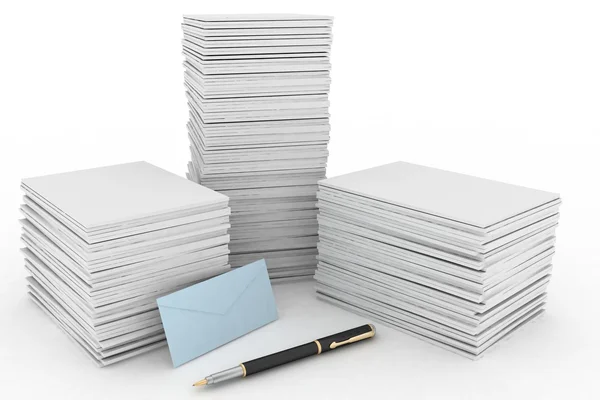 3D render ilustracja wielki stos papieru, kopert pocztowych i pióra na białym tle — Zdjęcie stockowe