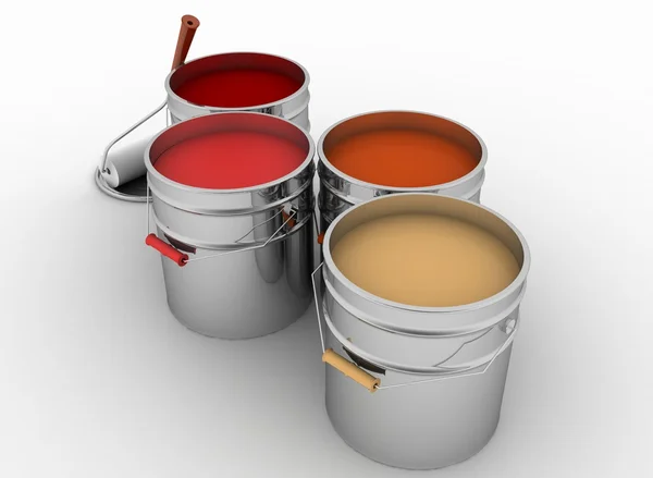 Ilustração 3d de baldes abertos com uma pintura e rolo — Fotografia de Stock