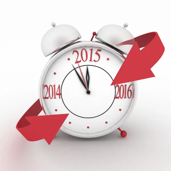 2015 Jahr auf Wecker mit roten Pfeilen. 3D isoliertes Symbol auf weiß. — Stockfoto