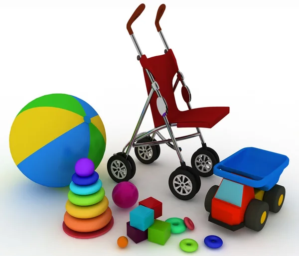 3D kočár a hračky pro děti na bílém pozadí — Stock fotografie