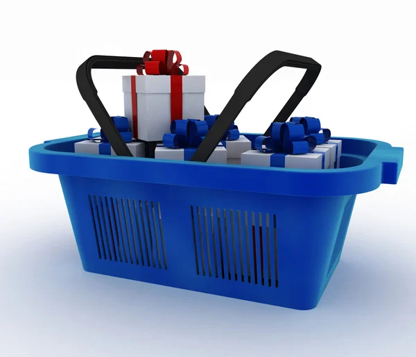 Cesta de compras de plástico azul com caixas de presentes — Fotografia de Stock