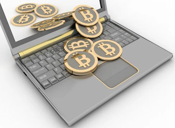 Bitcoins sur ordinateur portable. Conception des gains électroniques . — Photo