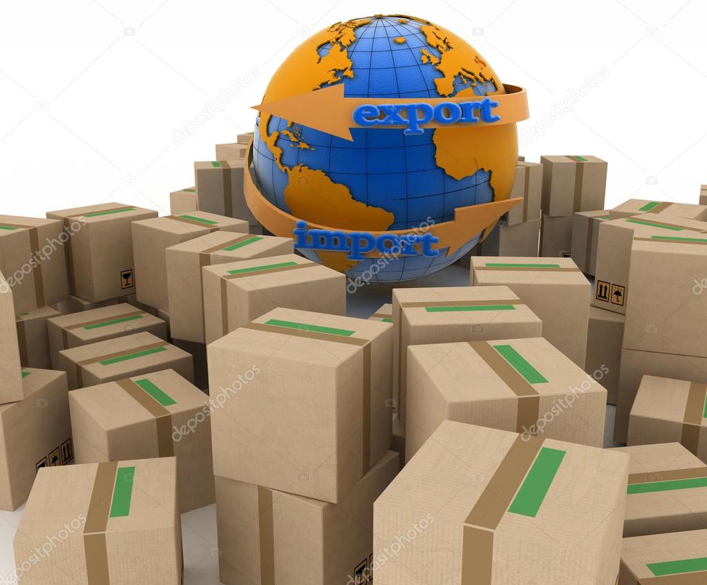 Import and export arrow around earth for business. Concept of buying goods worldwide