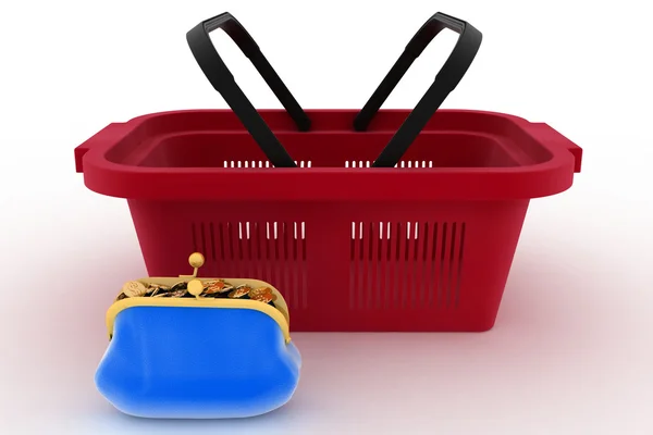 Shopping basket and purse full of money. Concept of saving money. — Stock Photo, Image