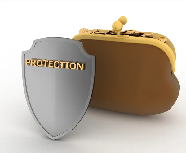 Purse full of money and Shield. Concept of saving money. — Stock Photo, Image