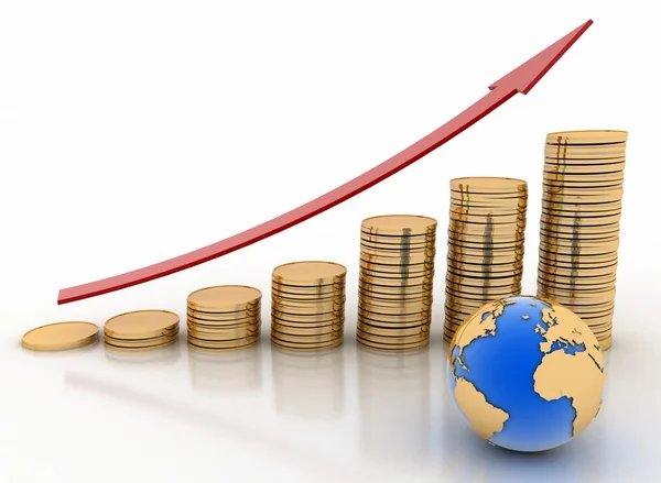 Diagram från mynt med pil och globe. Global succé koncept — Stockfoto