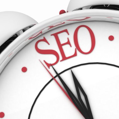 Seo kavramı saat closeup kırmızı kelime ile beyaz arka plan üzerinde süre