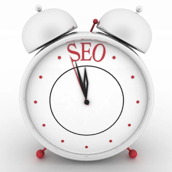 Time for seo concept clock closeup on white background with red word — Stock Photo, Image